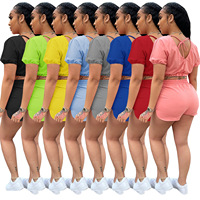 Vente en gros été 2023 nouveau haut court solide taille haute deux pièces pantalon tenues ensemble pour femmes vêtements