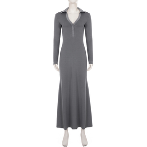 Robe longue décontractée européenne à col rabattu, coupe basse, sexy, style sirène, coupe ajustée, simple, polyvalente, pour un look séduisant et flatteur - Product Image 6