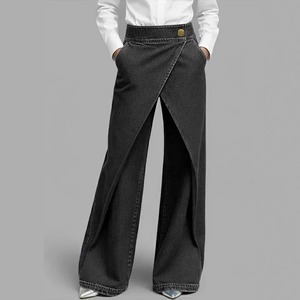 Nouveau <span class=keywords><strong>Jean</strong></span> Large en Denim de Coton Asymétrique Croisé 2026 pour Femme – Chic Français, Taille Haute Amincissante, Coupe Ample - Product Image 3
