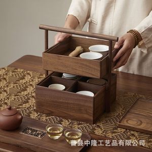 Caja de regalo de madera maciza de nogal, de doble capa, portátil, rectangular, para té y dumplings de arroz. - Product Image 2