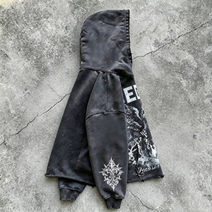 Sudadera con Capucha Corta Personalizada de 500 g/m², Estilo Urbano, Lavado Ácido, Desgastada, Corte Cuadrado, para Hombre, 100% Algodón, Hip Hop - Product Image 3