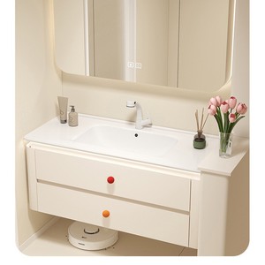 Meuble de salle de bain en bois massif style crème, lavabo intégré en céramique - Product Image 4
