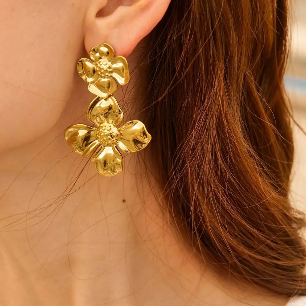 Flower New Trend 18K Gold-Plated Double Layer Earring Stainless Steel Stud Chunky Big Earrings For Women