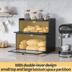 Double Layer Bread <b>Storage</b> Box With Window Black Solid <b>Wood</b> Kitchen Countertop Bread <b>Rack</b> - Product Image 4