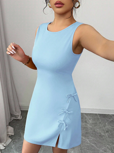 Vestido Mini Ceñido al Cuerpo sin Mangas Azul Claro para Mujer, con Cuello Redondo, Decoración de Lazo y Abertura Lateral - Product Image 3