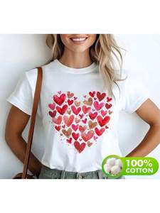 T-shirt per San Valentino da donna, manica corta, stampa a cuore, girocollo casual, 100% cotone, primavera estate, vestibilità regolare - Product Image 1