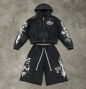 Custom Boxy Cropped Zip up <strong>Hoodie</strong> <strong>Set</strong> Vintage Distressed Acid Wash 3/4 Long Sweat <strong>Shorts</strong> <strong>Sets</strong> Two Piece <strong>Mens</strong> Tracksuit - Product Image 1