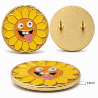 Broche personnalisée en émail tournesol plaqué or, motif visage amusant, pour sac fourre-tout, veste, vente en gros, mignonne broche visage de dessin animé