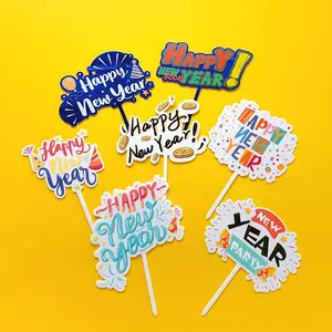 Cake Topper Feliz Año Nuevo Impresión en color de letras en inglés Nochevieja acrílico pastel carteles decoración de pasteles