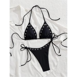 Conjunto de bikini de 2 piezas FOXA para mujer con ojales, top halter y braguita de corte cheeky con lazo lateral - Product Image 4