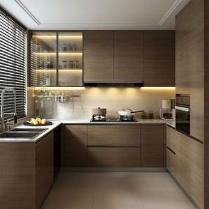 Juego de Muebles de Cocina Estilo Industrial Loft con Madera de Roble Reciclada, Herrajes Expuestos, Puerta de Vidrio y Encimera de Mármol, Accesorios para Bisagras - Product Image 3