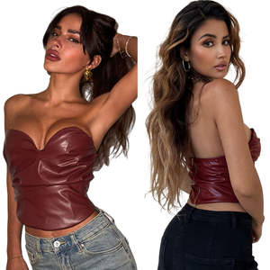 Sexy Vintage Short <b>Red</b> PU Leather Woven Bodycon <b>Vest</b> Off-Shoulder Bustier Tube Top with Zipper for <b>Women</b> Clubwear - Product Image 1