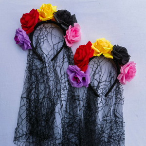 Serre-tête de déguisement d'horreur pour Halloween, avec voile de mariée gothique et fleurs de rose vintage, pour la décoration de fête sur le thème de la Journée des Morts - Product Image 2