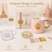Mug à café en céramique Souvenir de Paris, France, avec la Tour Eiffel en relief et badge métallique doré 3D, en grès, personnalisable OEM ODM, vente en gros