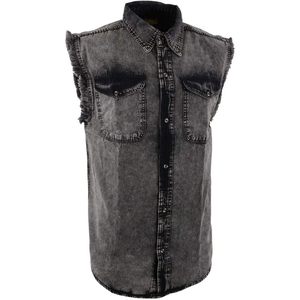 2025 Leather <b>Men's</b> Classic Beige/Black Button-Down Cut off Frayed Sleeveless Casual <b>Denim</b> <b>Shirt</b> MNG11683 - Product Image 5
