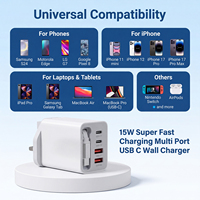 Chargeur mural USB C 5 en 1, adaptateur multi-ports 15W avec 2 ports USB C, 2 ports USB A, câble rétractable intégré, prise UK pour les voyages