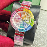 Montre unisexe en acier inoxydable avec cadran dégradé, ornée de strass et de cristaux de quartz, style arc-en-ciel, avec calendrier