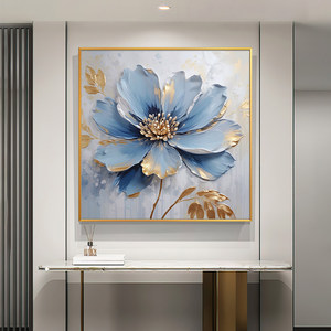 Pintura al óleo floral abstracta, arte de pared enmarcado cuadrado, marco dorado, pintura decorativa hecha a mano para sala de estar, fondo de sofá - Product Image 3