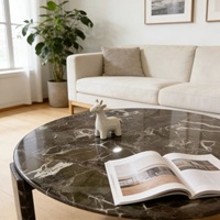 Table basse circulaire en marbre vert avec base en pierre, design moderne et luxueux, meubles en pierre naturelle, table d'appoint, table centrale