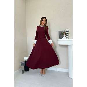 Robe de soirée bordeaux coupe trapèze avec manches contrastantes, taille naturelle, coupe confortable - Product Image 6