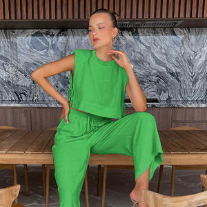 Enyami Streetwear Vrouwen Schouder Opvulling Crop Top Katoenen Linnen Casual Wijde Pijpen Broek Pak Vakantie Zomer Kaki 2 Stuk Co-Ord Set - Product Image 2