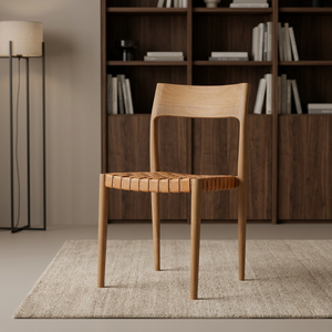 Chaise de salle à manger scandinave moderne en teck massif avec assise en cuir véritable et hauteur réglable pour mobilier de salle à manger à domicile - Product Image 1