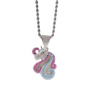 Blues RTS Wholesale brass full iced out zircon Rainbow Unicorn Horse Pendant Necklace with Rope Chain