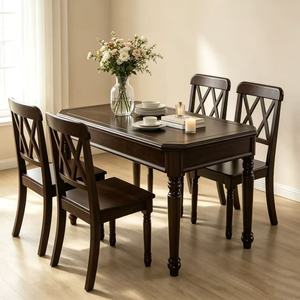 Vintage Dark Wood <b>Dining</b> <b>Table</b> Set, 4 Seater with Lattice Back Chairs & Turned Legs - Product Image 3