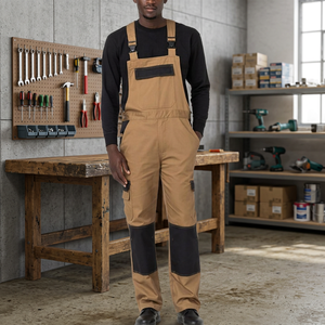 Men Work Coverall Utility Overalls Tan Bib Pants with Adjustable <b>Straps</b> and <b>Knee</b> Pads - Product Image 4