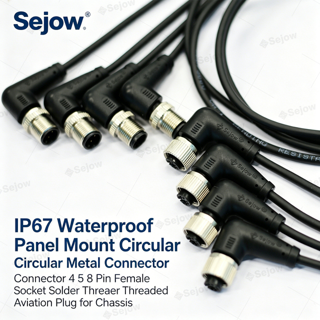 M12 Male Connector with A, B, D, L Coding Options Panel Mount or Cable Type, 3 to 12 Pins, IP67 Rated