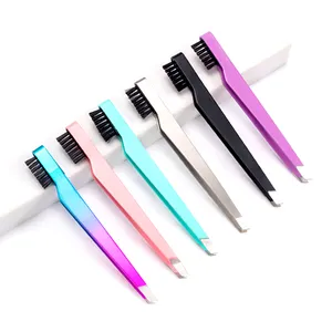 2022 Wholesale various color double sided angled eyebrow tweezers with brow brush private label