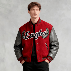 Giacca Varsity in Pelle Rossa Personalizzata OEM per Uomo, Giacca Letterman Vuota con Logo Ricamato - Product Image 1