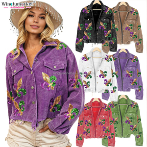 <span class=keywords><strong>Veste</strong></span> courte personnalisée pour <span class=keywords><strong>femme</strong></span> Vintage Wash Fringe Corduroy Shacket Baseball Football Broderie Sequin Patch Vestes pour femmes - Product Image 5