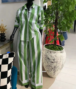 Completo da donna a righe <span class=keywords><strong>taglie</strong></span> forti, camicia a maniche lunghe con bottoni e <span class=keywords><strong>pantaloni</strong></span> a gamba larga a tubo dritto, set casual due pezzi all'ingrosso - Product Image 5