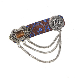 Pince à cheveux en tissu style chinois « Tracing The Realm Of Fireflies » avec chaîne argentée et pierre œil de tigre, pince BB unisexe - Product Image 1