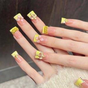 Ongles artificiels en forme de bec de canard, couvrants, faits à la main, 10 pièces, ongles à presser, fleurs 3D, jaunes, courts, pointes d'ongles artificielles - Product Image 2