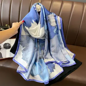 Готовый к отправке 2023 популярный женский шелковый шарф с синим цветочным узором Роскошный шелковый длинный мягкий женский шарф 90*180