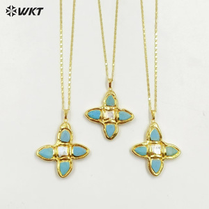 Increíble collar de piedra turquesa natural religiosa cristiana súper caliente con colgantes de Cruz de perlas en oro de 18 quilates, en la parte superior de la cadena de montaje - Product Image 1