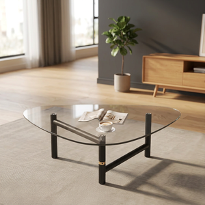 Table basse ovale moderne avec plateau en verre trempé et structure en métal, design minimaliste, meubles de salon, facile à nettoyer - Product Image 1