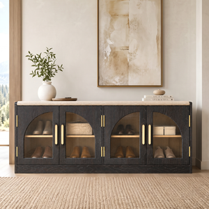 Banco moderno de madera para guardar zapatos con puertas de vidrio arqueadas, tiradores dorados, asiento acolchado, madera oscura para entrada - Product Image 1
