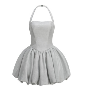 Abito Corto Sexy <span class=keywords><strong>Argento</strong></span> Grigio Lucido con Collo all'Americana per Compleanno e Banchetti, Affascinante Abito da Sera Scintillante Stile Collana per Donne - Product Image 6