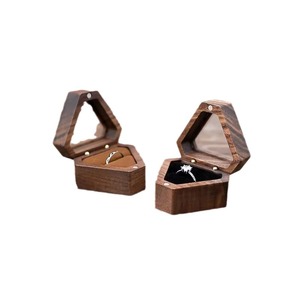 Walnut Wood Hexagonal <b>Ring</b> Box Solid Wood Flip Top Jewelry <b>Storage</b> Elegant Design For Wedding Diamond <b>Rings</b> - Product Image 5