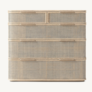 Commode haute Japandi premium à 5 tiroirs en chêne massif et <span class=keywords><strong>rotin</strong></span>, commode verticale peu encombrante, <span class=keywords><strong>chiffonier</strong></span> architectural à profil incurvé - Product Image 2