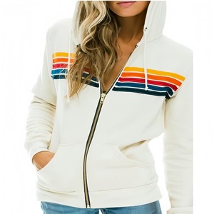 <strong>Women's</strong> Casual Autumn <strong>Fleece</strong>-Lined Hooded Full-Zip Sweatshirt Colorful Striped Accents Loose Relaxed Fit Soft Warm <strong>Fleece</strong> - Product Image 1