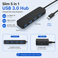 Hub USB-C 5 en 1 con 4 puertos USB 3.0 de 5 Gbps, 5V/4A, alimentación por Micro USB, carcasa de ABS, adaptador portátil para portátiles, en stock.