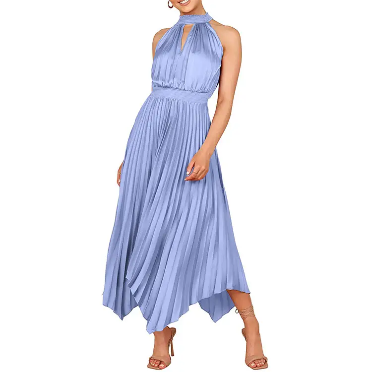 High Waist Plain Summer Dress for Women Elegant Halter Neck Cut Out Irregular Hem Pleated Midi A-Line Flowy Dresses
