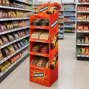 Chocolate Snack Display Corrugated Paper Floor <b>Stand</b> 4-Tier Orange Rack For Candy Bars Supermarket Checkout Area - Product Image 1