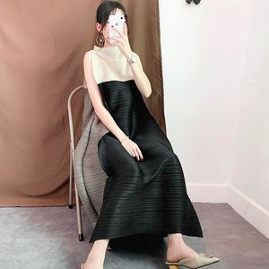 เดรสทรงเอพลีทแบบยาวไซส์ใหญ่ ผ้าทอเป็นมิตรกับสิ่งแวดล้อม ซักได้ สำหรับผู้หญิง ฤดูร้อน แขนกุด ทรงหลวม สีตัดกัน แต่งระบายและลูกปัด - Product Image 5