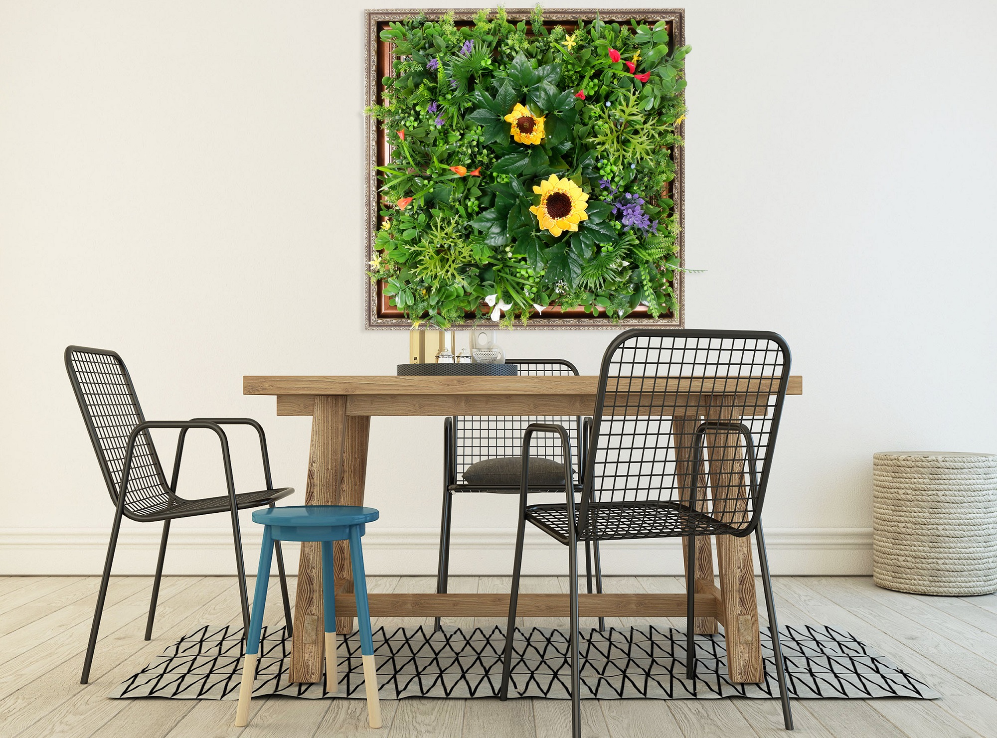 3D shaped artificial fake  green plants with woden frame