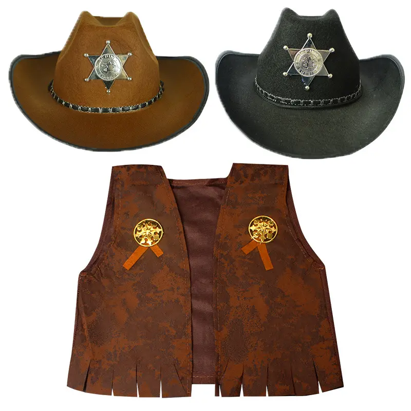 YUESHU Chapéu de Cowboy Xerife Ocidental com Crachá de feltro Acessórios para fantasia de Halloween